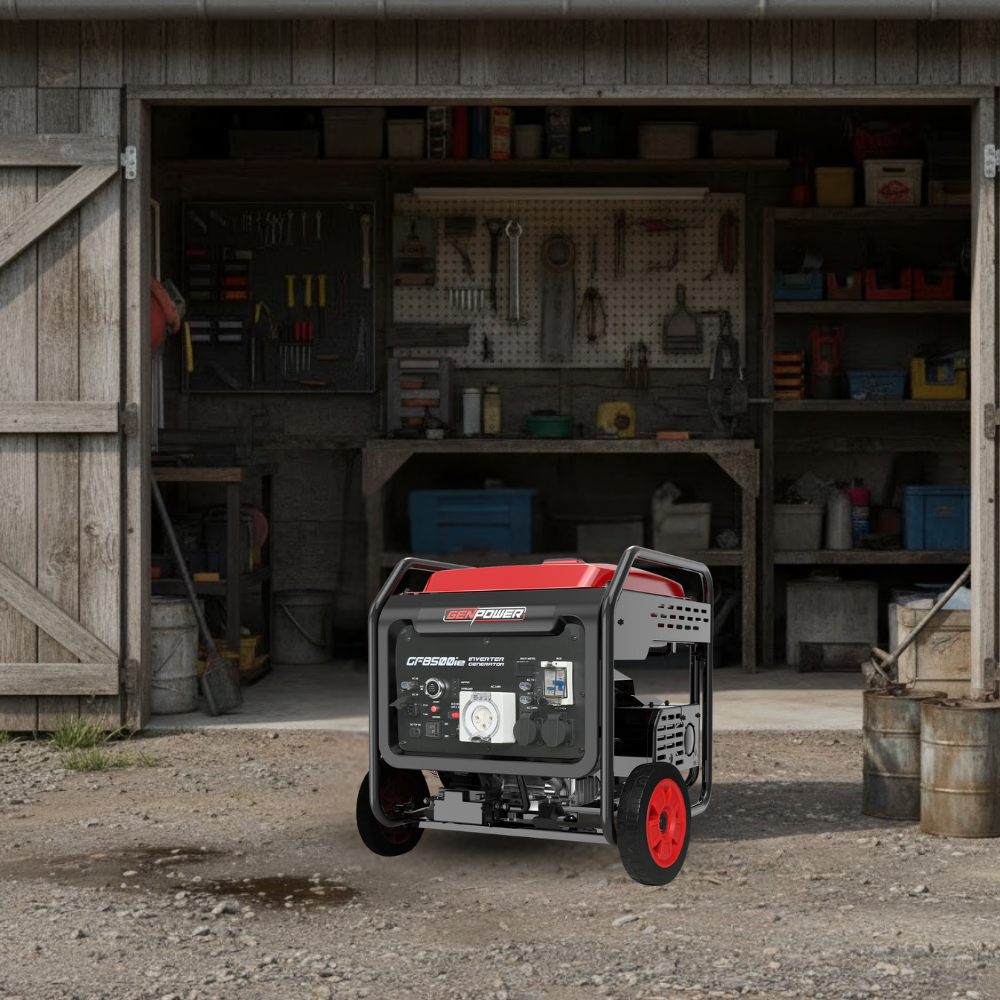 Power generator in front of a workshop with tools and equipment.