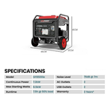 Portable generator with dimensions and specifications displayed on a white background