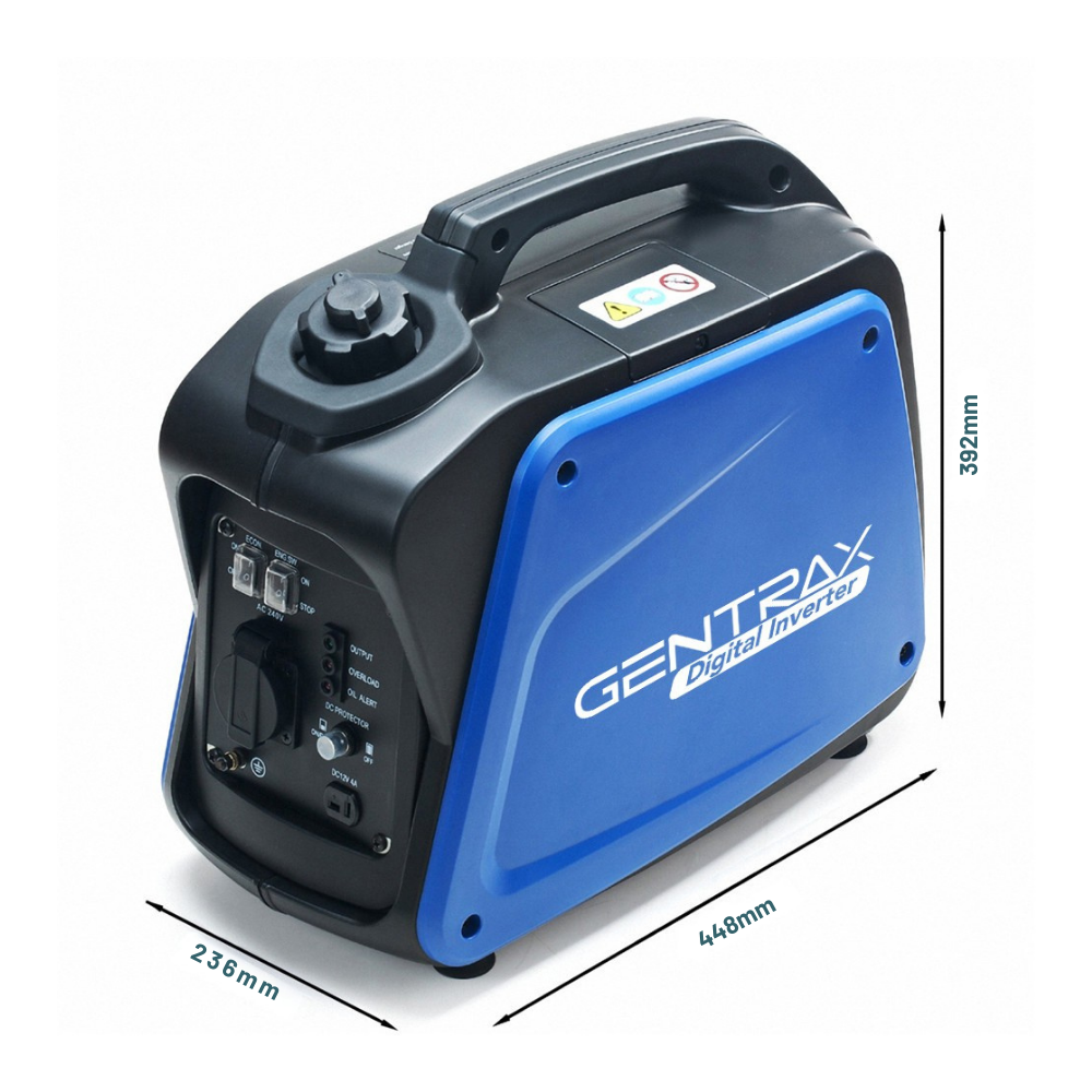 Blue and black Gentrax digital inverter with dimensions on a white background