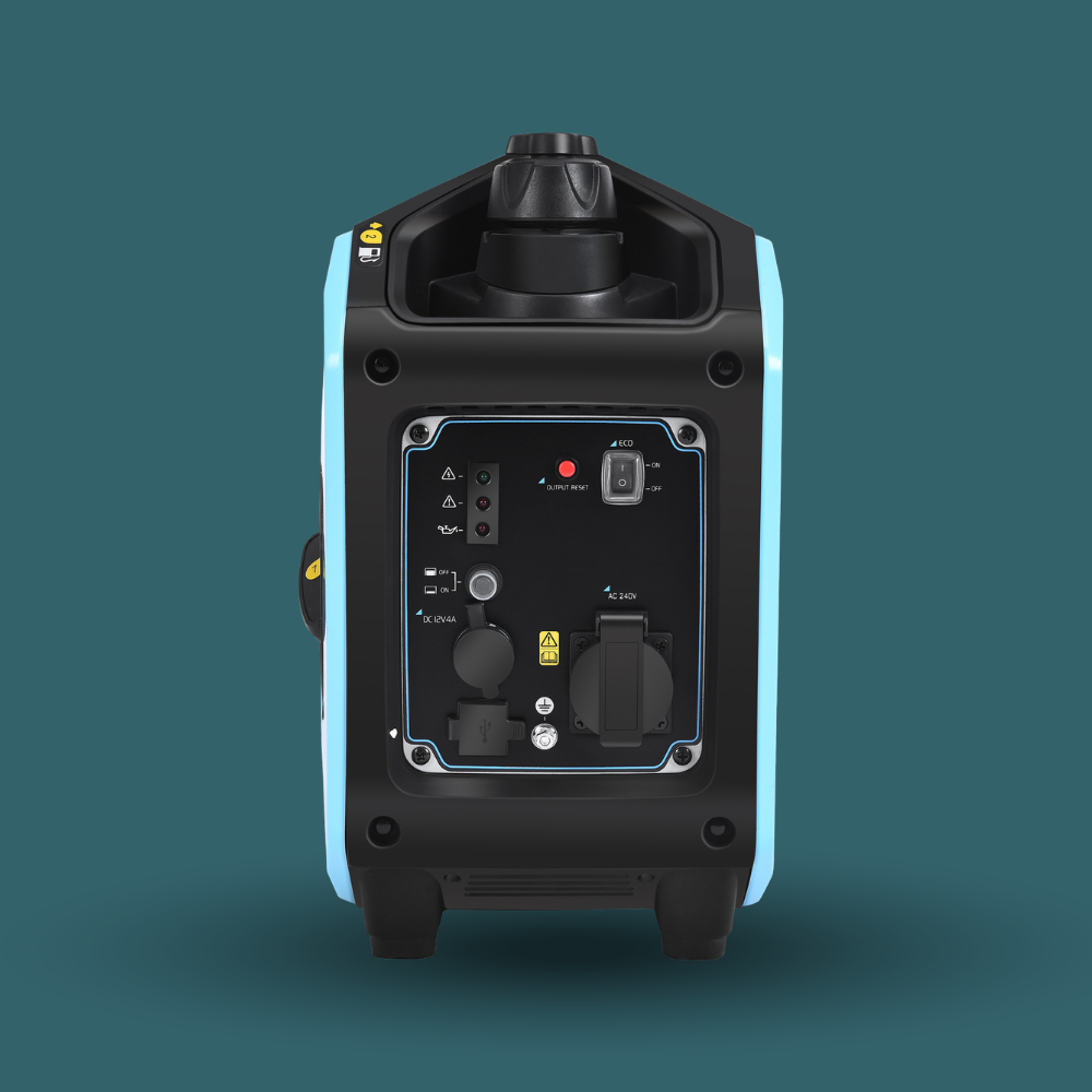 Portable power station with control panel on a teal background