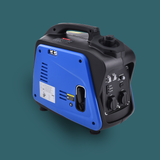Blue and black portable generator on a green background
