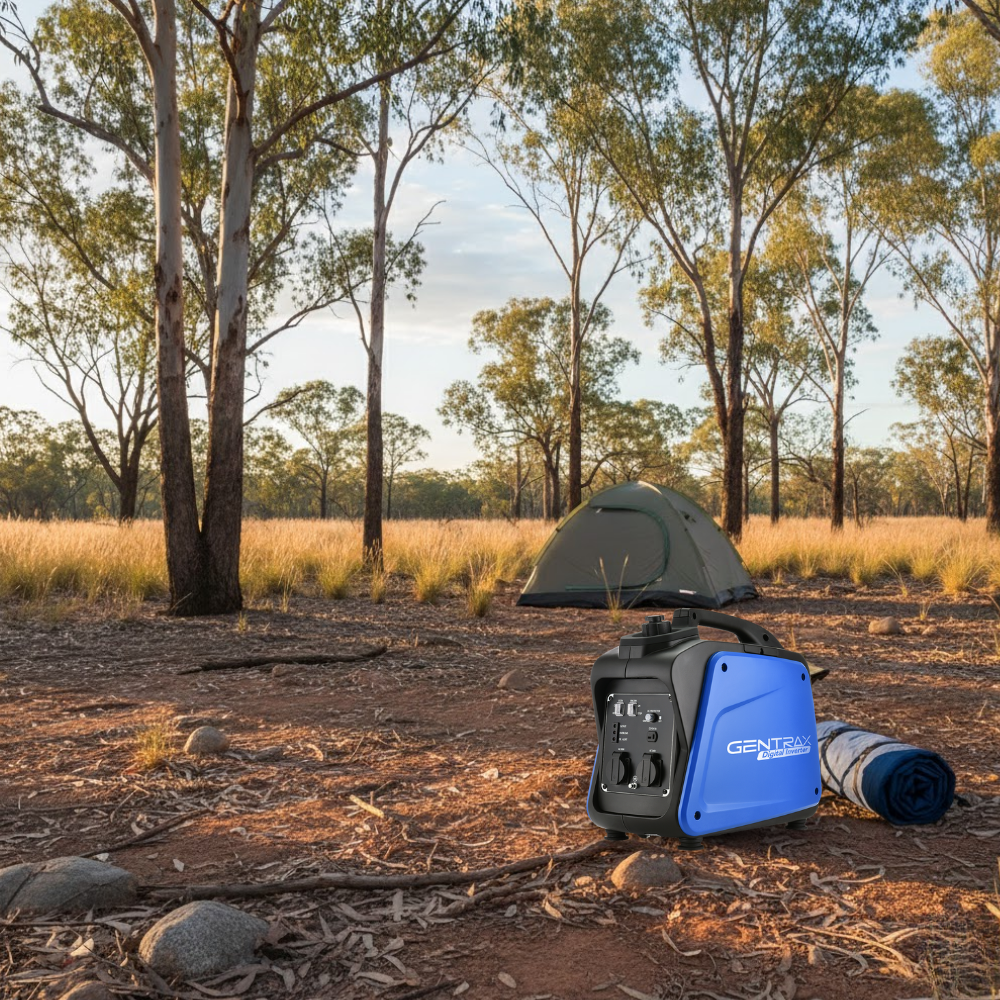 Portable power station in a camping setting with a tent and camping gear.