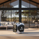 Gentrax portable generator on a patio with a modern house in the background