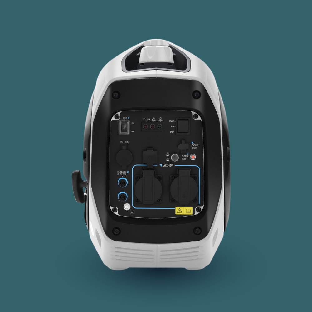 Back view of a portable power station on a teal background