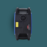 Back view of a portable power station on a teal background