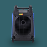 Portable fan with blue casing and black grille on a teal background