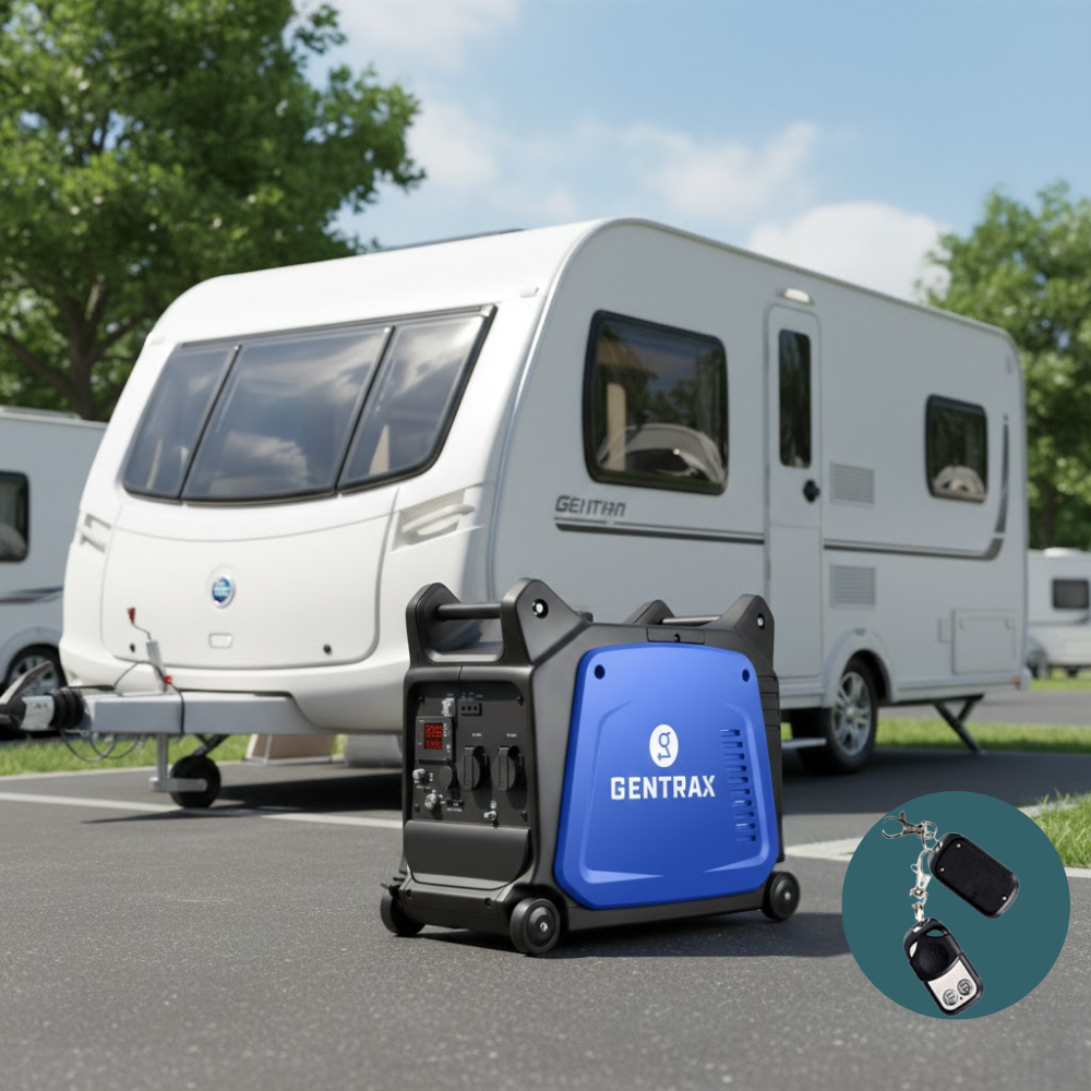 Blue and black portable generator with 'GENTRAX' branding in front of a caravan on a road.