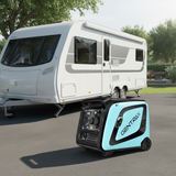 Generator with 'GenTrax' branding in front of a caravan on a road.