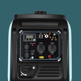 Black portable generator with control panel on a teal background