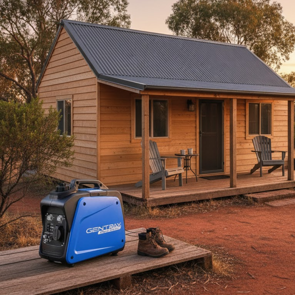 Portable generator in front of a wooden cabin with chairs on a wooden platform.