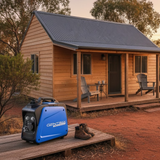 Portable generator in front of a wooden cabin with chairs on a wooden platform.