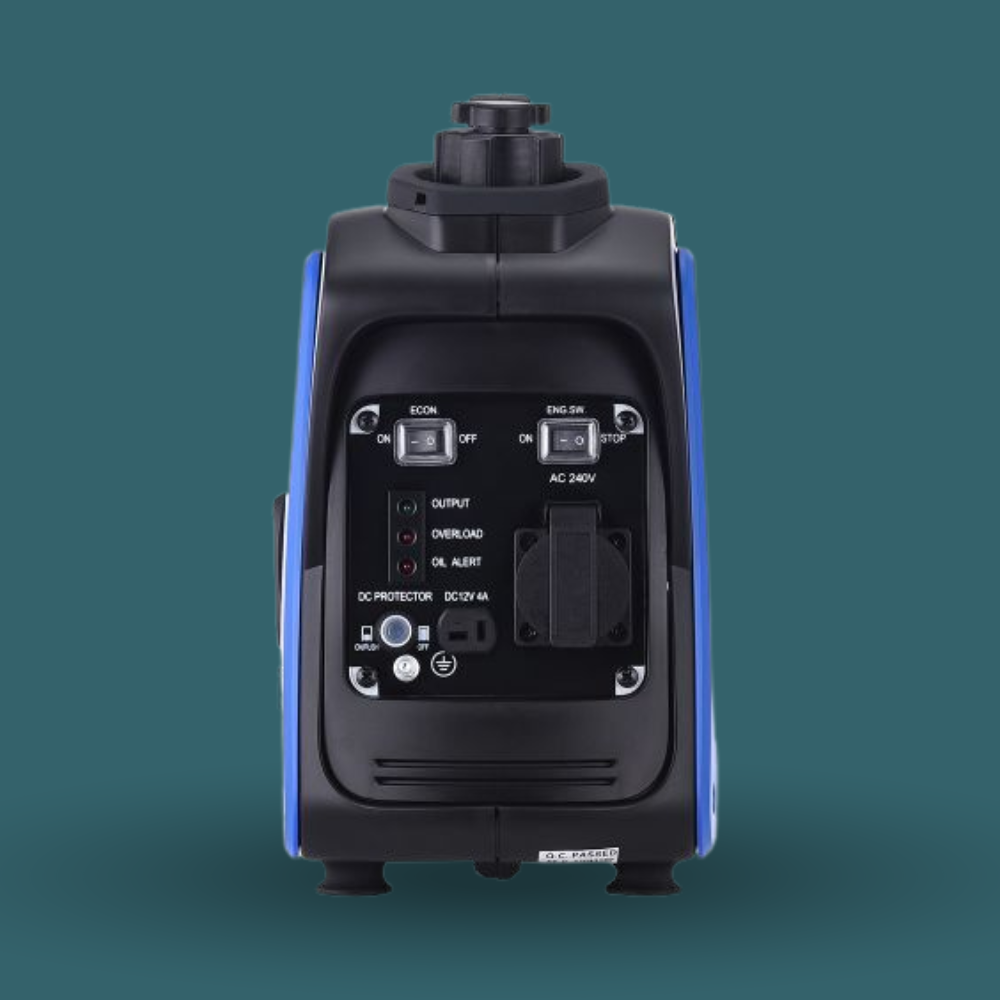 Back view of a black and blue portable power station on a teal background