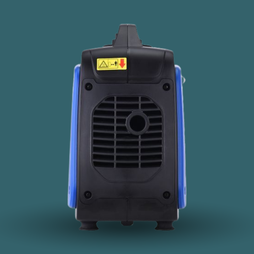 Back view of a black and blue portable generator on a teal background