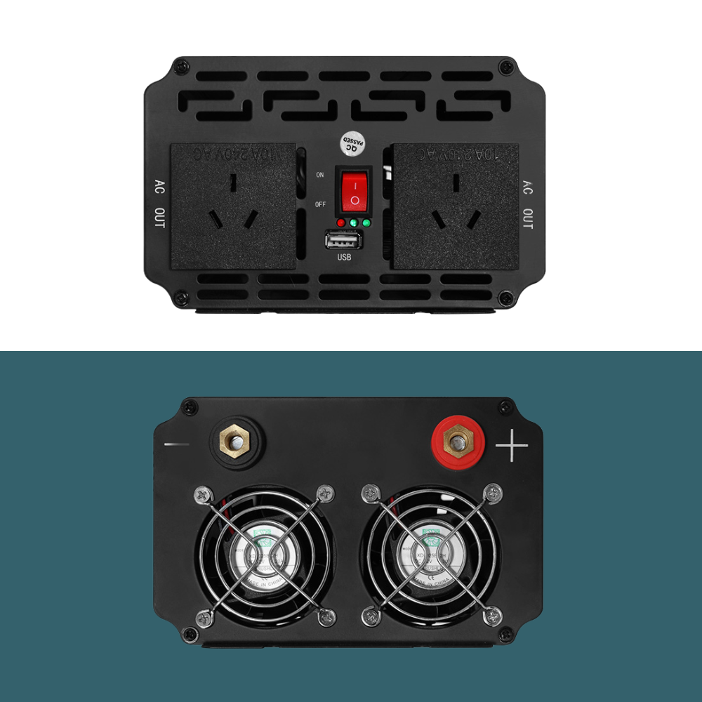 Close-up of the inverter’s front panel showing USB ports, outlets, and power button.