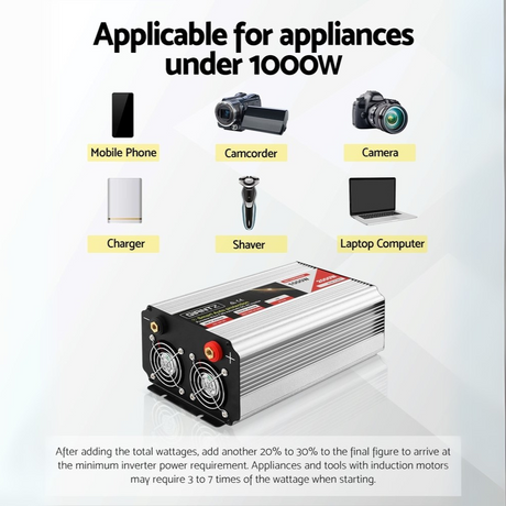 Inverter shown with icons of compatible devices under 1000W like laptops, drills, and cameras.