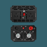 Rear and front view of inverter displaying cooling fans and power input terminals.