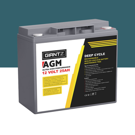 Front angled view of the GIANTZ AGM Deep Cycle 12 Volt 25Ah battery on a white and teal background, showing the label and terminals