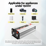 Diagram showing suitable appliances for the inverter under 1500W.

