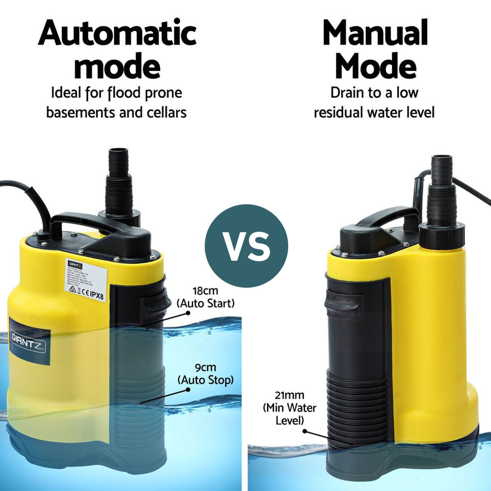 automatic mode vs manual mode of Giantz 750W Dirty Water Steel Submersible Bore Pump