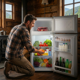 Man reaching into a refrigerator filled with food and drinks in a wooden cabin.