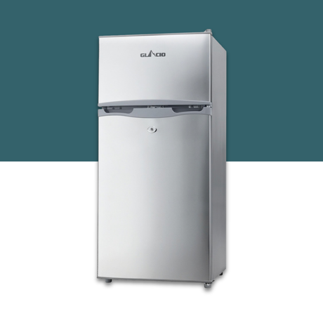 Glacio 100L 12V/24V Portable Upright Fridge Freezer - Silver with a brand logo on a white background