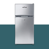 Glacio 100L 12V/24V Portable Upright Fridge Freezer - Silver with Glacio logo on a white and blue gradient background