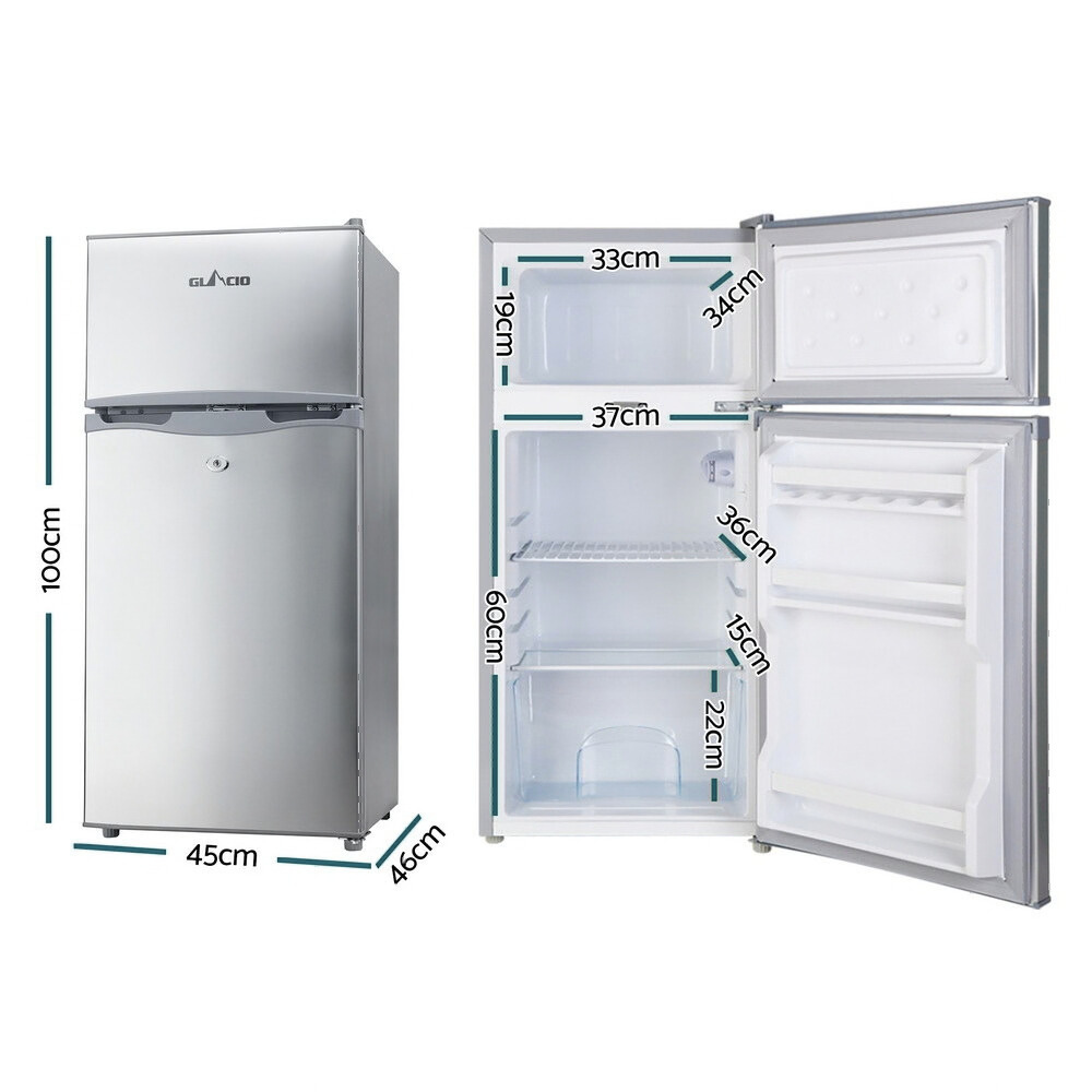 Glacio 100L 12V/24V Portable Upright Fridge Freezer - Silver with dimensions indicated on a white background