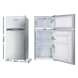 Glacio 100L 12V/24V Portable Upright Fridge Freezer - Silver with dimensions indicated on a white background