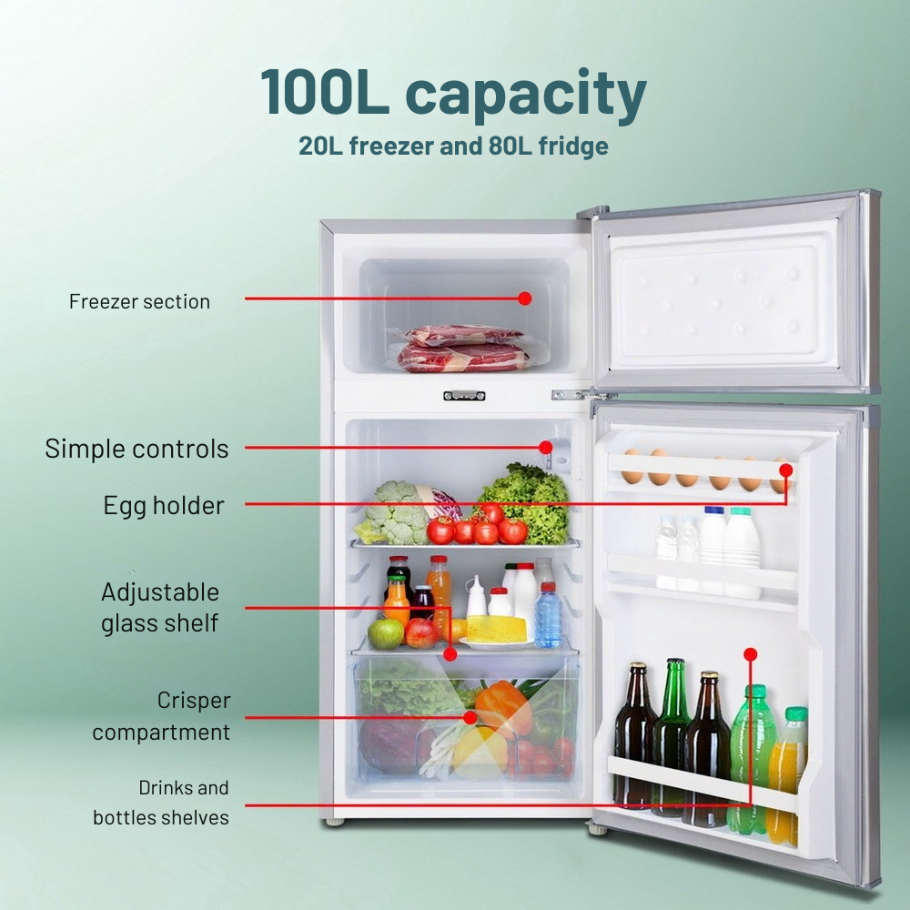 Diagram of Glacio 100L 12V/24V Portable Upright Fridge Freezer - Silver with labeled sections on a green background