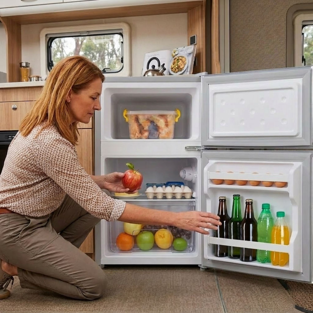 Woman looking into a small refrigerator filled with food and drinks inside a vehicle.
