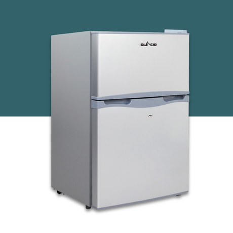 Glacio 65L 12V/24V/240V Upright Portable Fridge Freezer with a white top and silver bottom on a white background