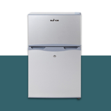 Small refrigerator with a white and blue color scheme on a white background