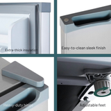 Product features including extra-thick insulation, easy-to-clean finish, heavy-duty hinge, and adjustable feet.