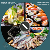 Round collage of cold storage temperature display with drinks, sushi, and seafood.