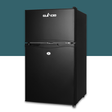 Black refrigerator with GLACIO logo on a teal and white background