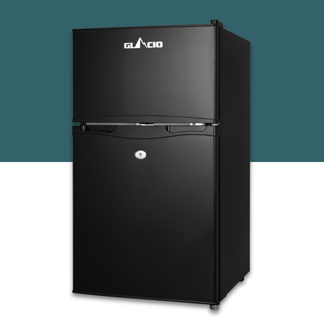 Black refrigerator with GLACIO logo on a teal and white background