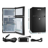 Glacio 90L 12V/24V/240V Upright Portable Fridge Freezer - Black with dimensions and power cord on a white background