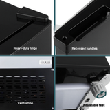 Product features including heavy-duty hinge, recessed handles, ventilation, and adjustable feet.