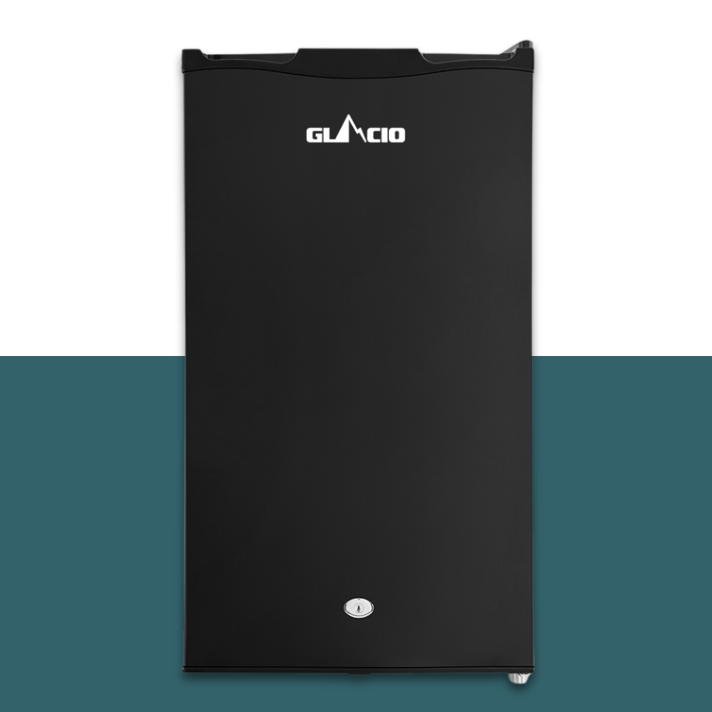 Black refrigerator with Glacio logo on a white and teal background