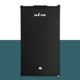 Black refrigerator with Glacio logo on a white and teal background