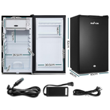 Small refrigerator with dimensions and power cord on a white background