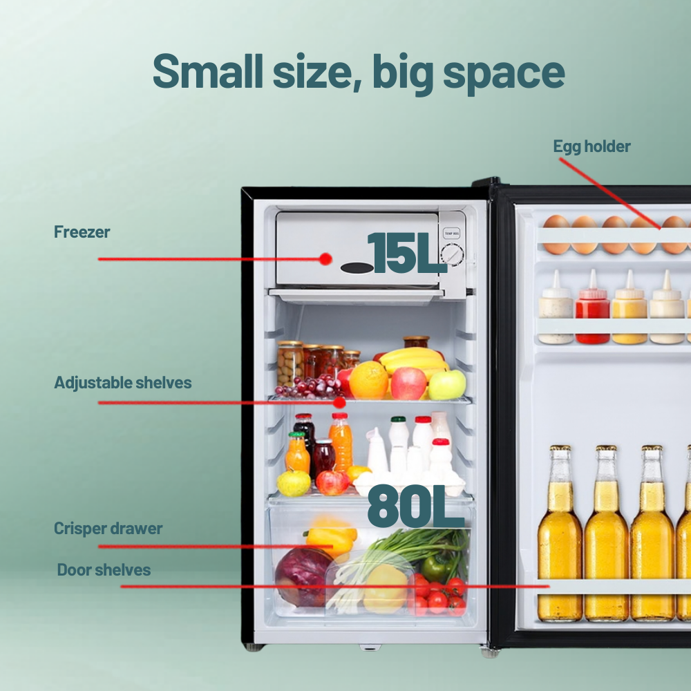 Small refrigerator with labeled features on a light green background