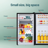 Small refrigerator with labeled features on a light green background