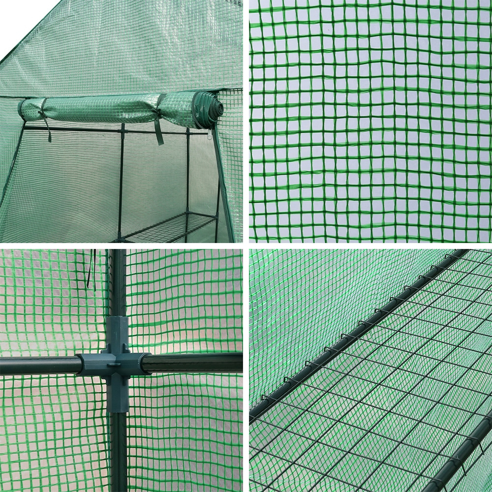 Collage of green netting with different perspectives on a white background