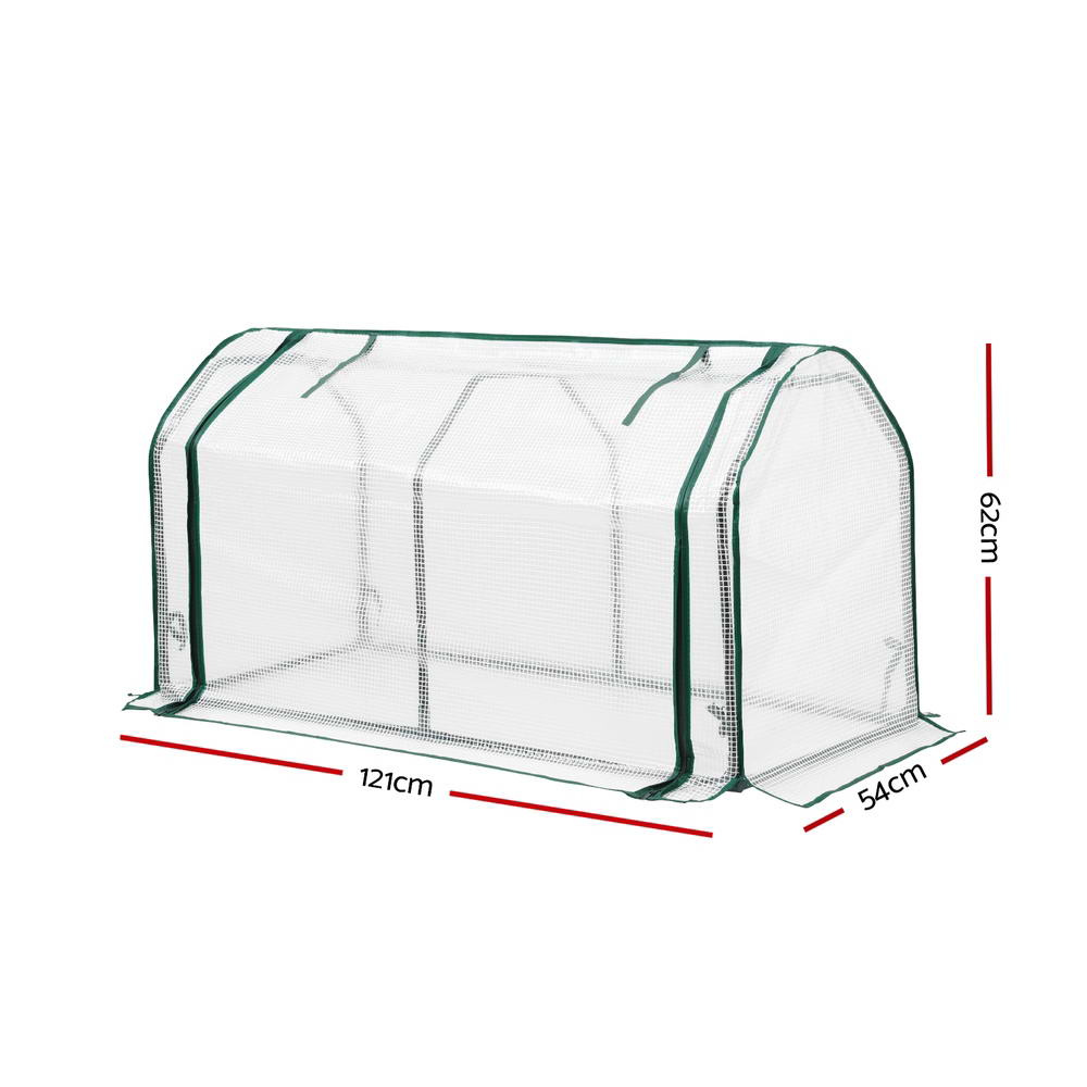 Transparent greenhouse with green frame and dimensions on a white background