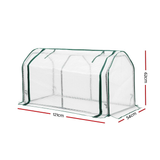 Transparent greenhouse with green frame and dimensions on a white background