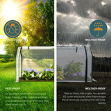 Two images showing a greenhouse with pest-proof and weather-proof features under different conditions.
