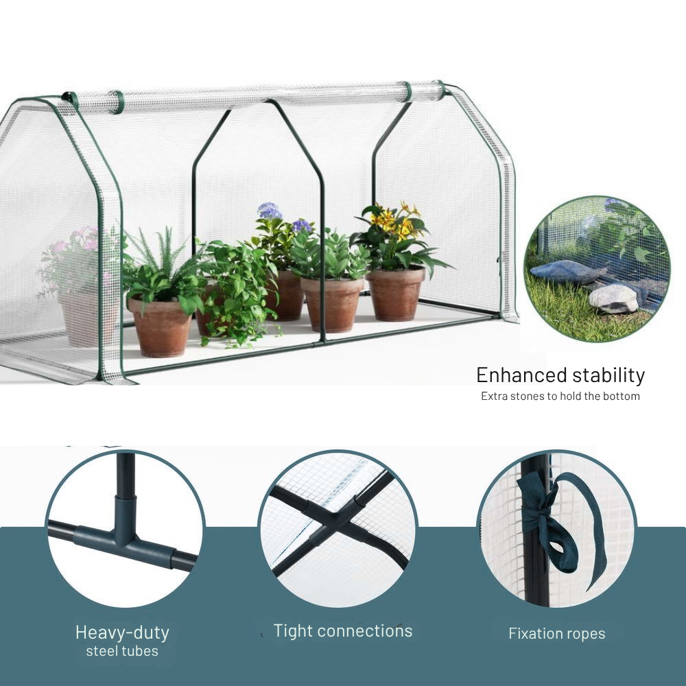 Greenhouse with plants inside, showing enhanced stability features and materials.