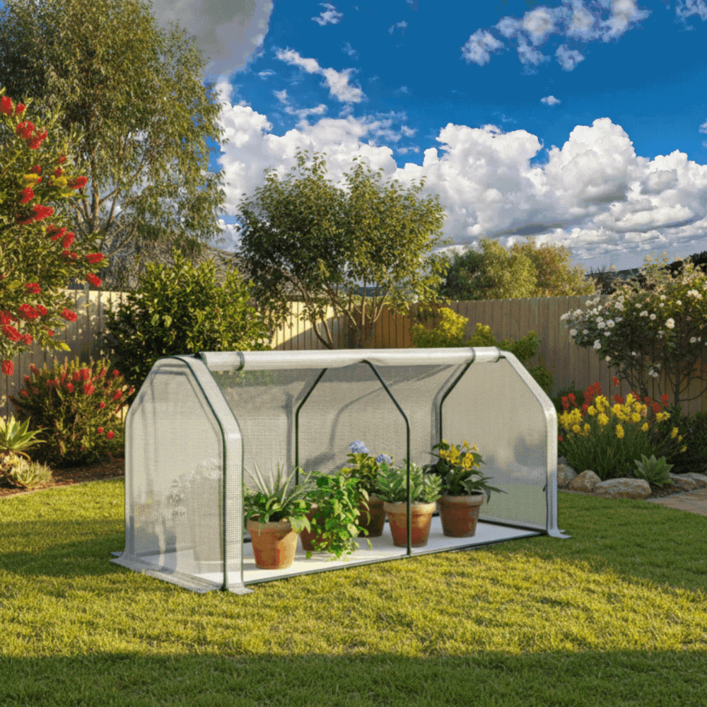Small, clear plastic mini-greenhouse on a sunny lawn, protecting potted plants. Features a zippered cover and tubular frame.