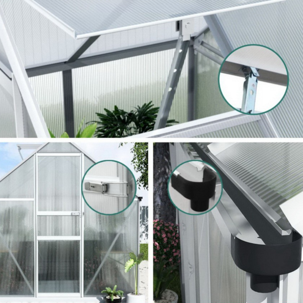 Collage of a greenhouse with close-ups of its features, including a door handle and a rainwater collection system.